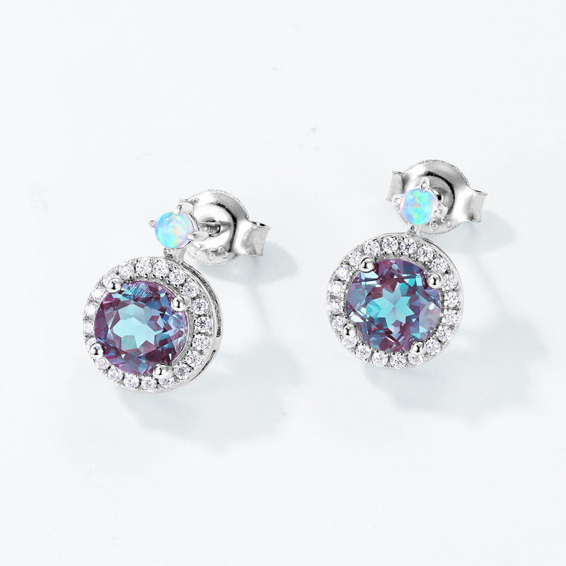 European and American style S925 sterling silver plated with platinum and inlaid with cultured alexandrite light luxury set