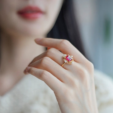 S925 純銀鍍 10K 金戒指｜紅剛玉貝殼珠仿鑽 歐美復古華麗必備