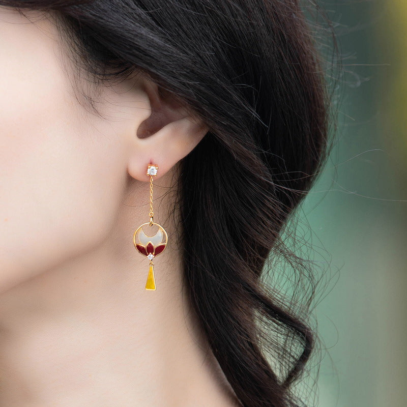 Hetian Jade Imitation Diamond Earrings | S925 Sterling Silver with 10K Gold Plated Elegant Chinese Lotus Fan-Shaped Jewelry
