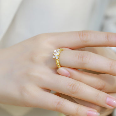 S925 sterling silver with 10K gold plated hand-brushed imitation diamond butterfly ring | European and American romantic light luxury ring with personalized wings design