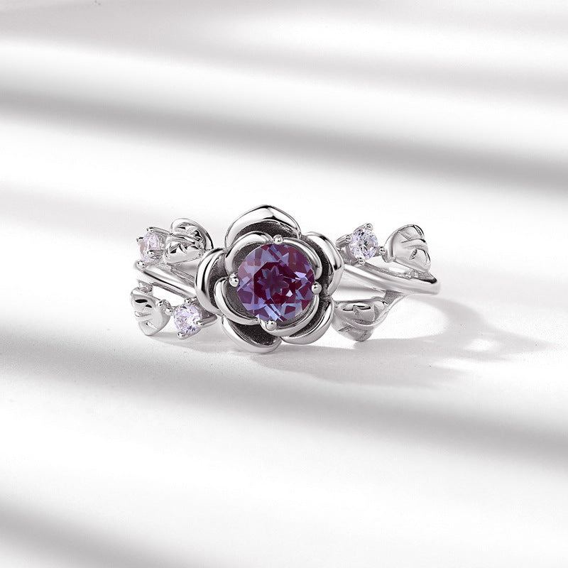 S925 sterling silver plated with thick silver and white gold ring | Synthetic Alexandrite and simulated diamond rose shape romantic and fashionable ring