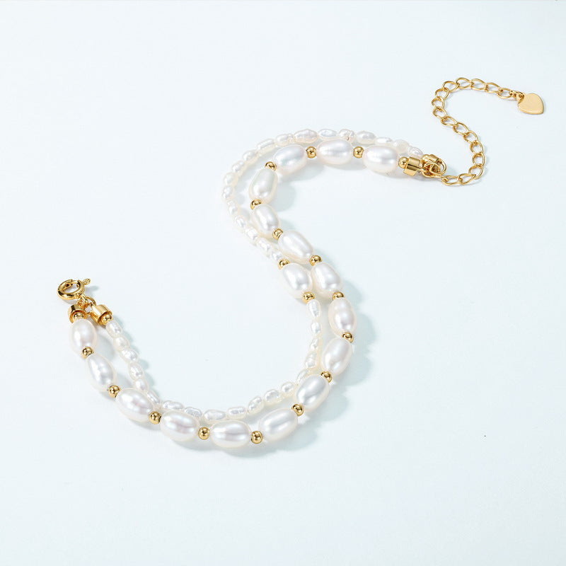 S925 sterling silver plated with 10K gold light luxury pearl millet bead double layer fashion bracelet