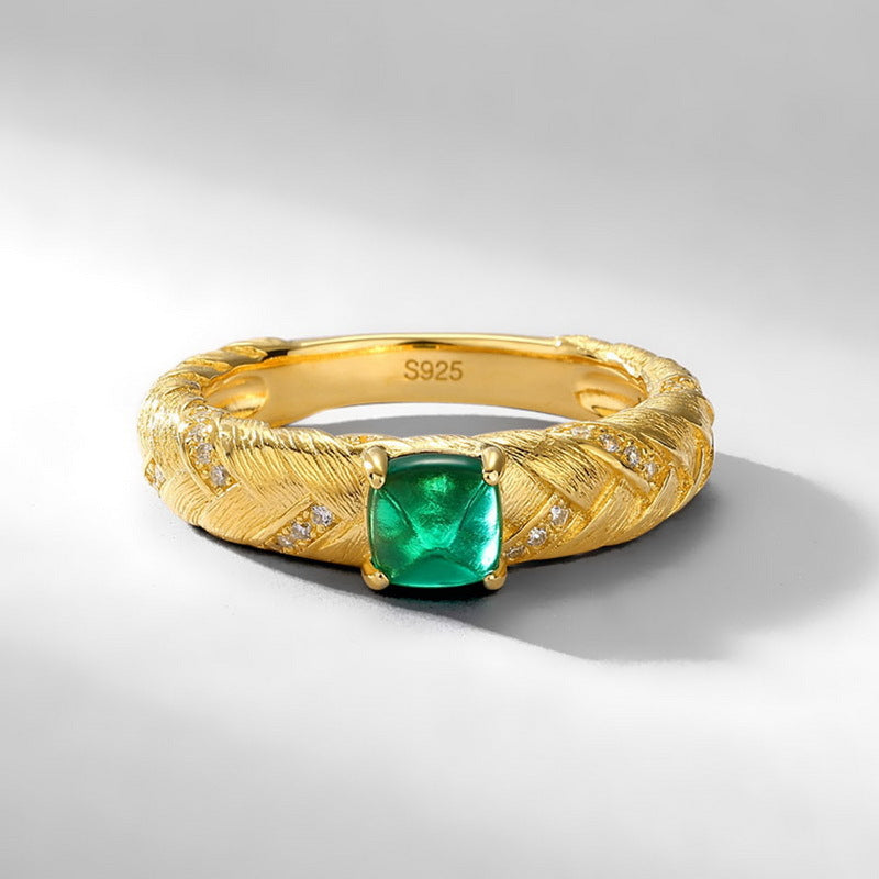 S925 sterling silver with 10K gold plated hand-brushed emerald imitation diamond ring | Retro light luxury leaf vein shape ring high-end fashion jewelry