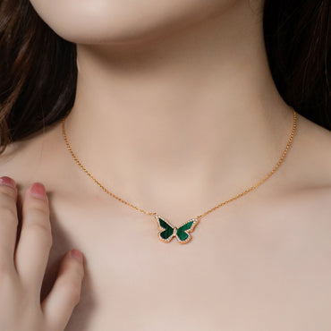 S925 sterling silver with 10K gold plated necklace | Natural malachite imitation diamond butterfly shape light luxury necklace