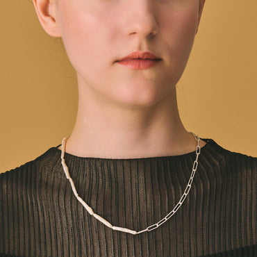 S925 sterling silver plated with thick silver and white gold toothpick pearl necklace | Minimalist high-end clavicle chain texture must-have
