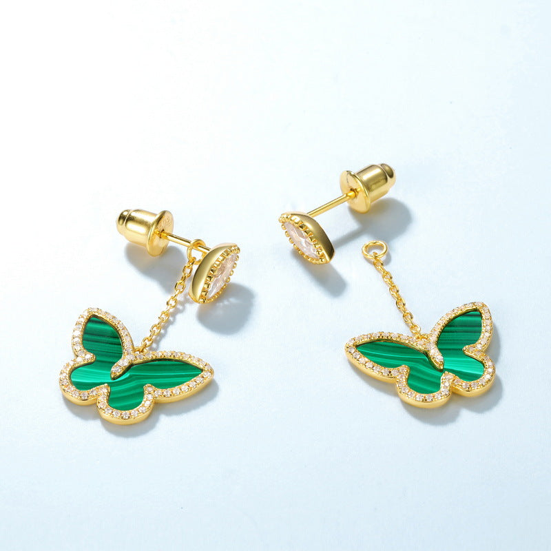 S925 sterling silver with 10K gold plating, Japanese and Korean-style jewelry | Natural malachite and simulated diamond butterfly set, a fresh and sweet choice