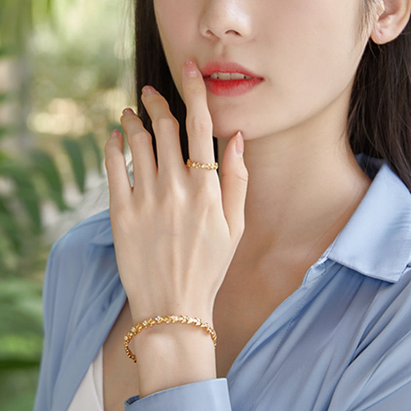 S925 sterling silver with 10K gold plated jewelry set | Fresh and fashionable Japanese and Korean style leaf imitation diamond bracelet and ring