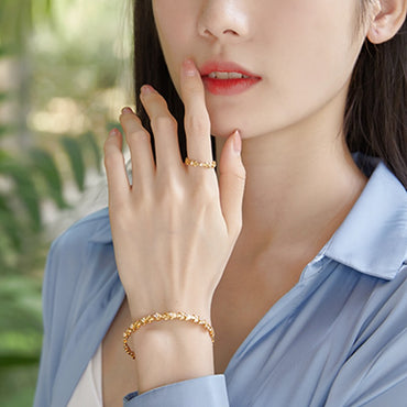 S925 sterling silver with 10K gold plated jewelry set | Fresh and fashionable Japanese and Korean style leaf imitation diamond bracelet and ring
