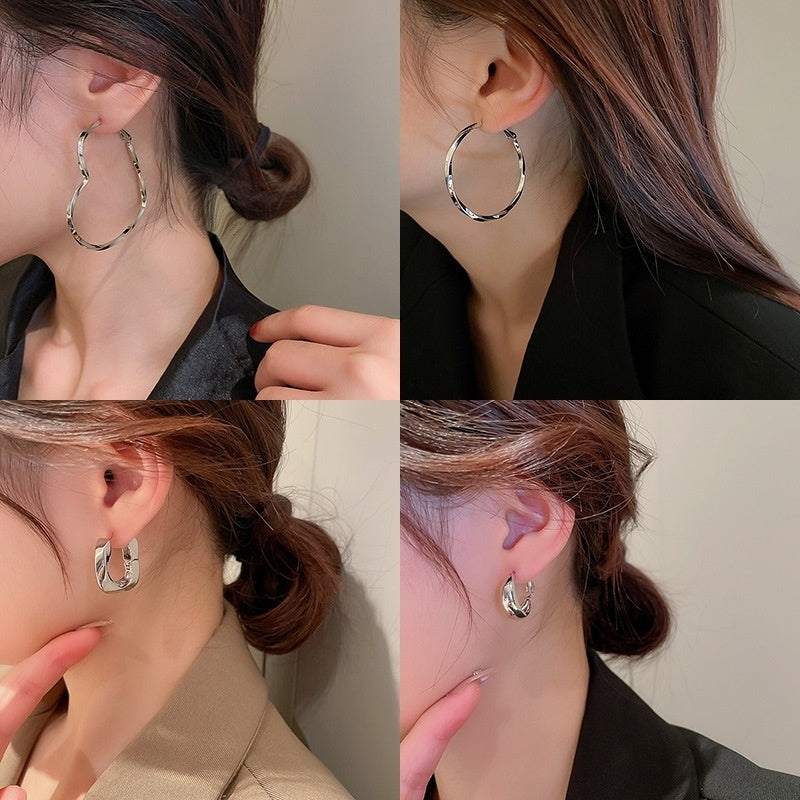 銀針歐美誇張銀色素圈愛心耳環冷淡風時尚耳圈輕奢個性高級感耳飾