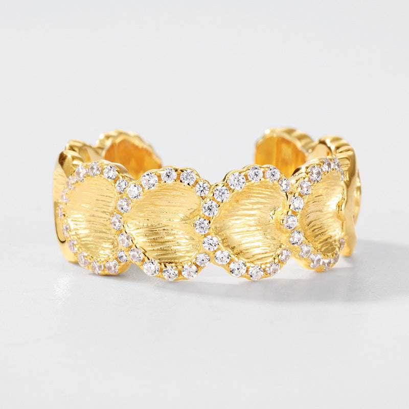 S925 sterling silver plated with 10K gold, hand-brushed imitation diamond heart-shaped ring | European and American style light luxury retro open ring high-end fashion jewelry