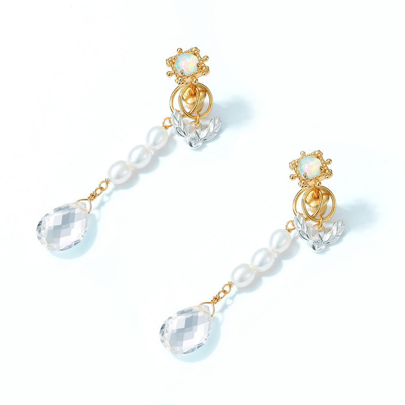 S925 sterling silver with 10K gold plated Japanese and Korean style white crystal pearl earrings
