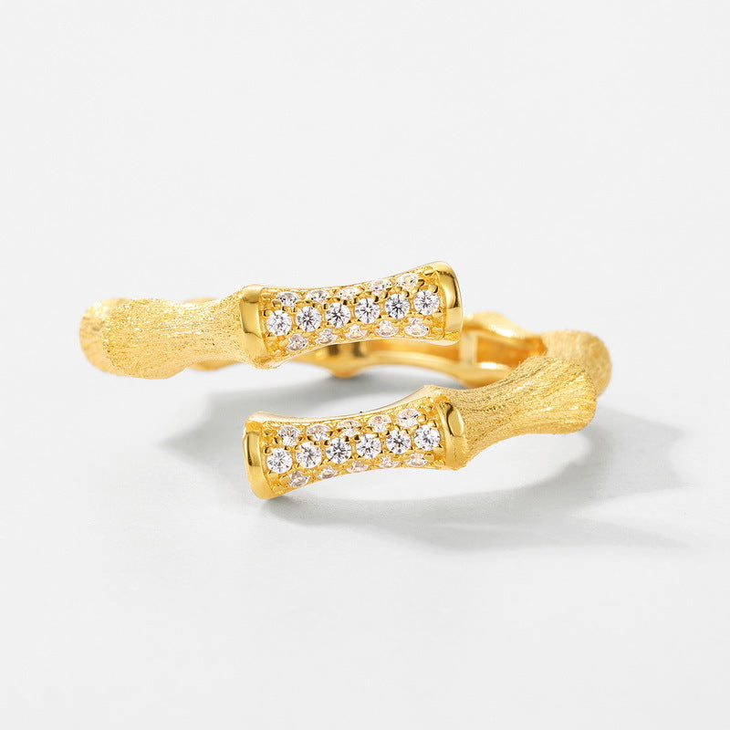 S925 sterling silver with 10K gold plated hand-brushed bamboo imitation diamond ring | Light luxury retro open ring high-end fashion jewelry