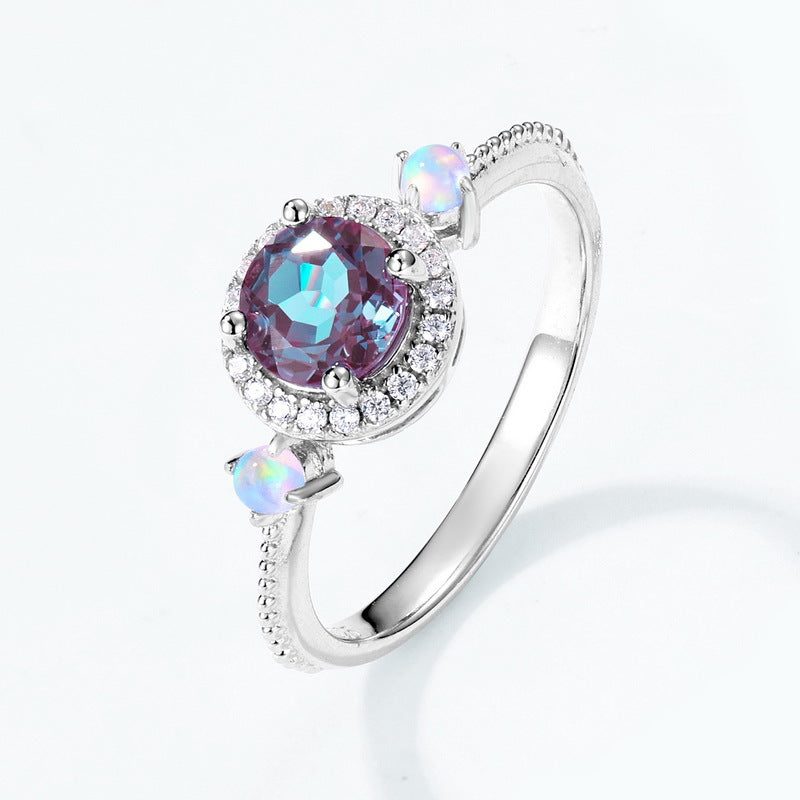 European and American style S925 sterling silver plated with platinum and inlaid with cultured alexandrite light luxury set
