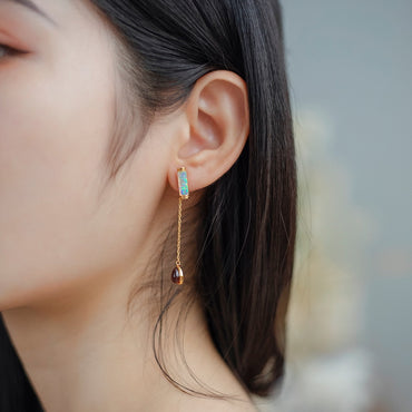 S925 sterling silver with 10K gold plating | Synthetic opal and natural garnet two-piece elegant long earrings