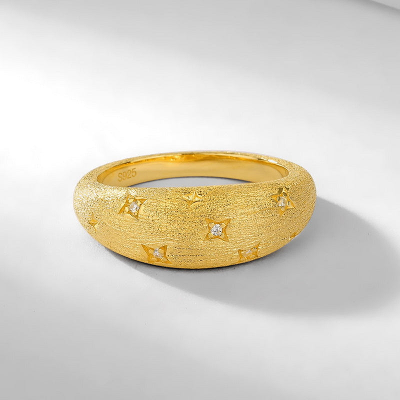 S925純銀鍍10K 金手工拉絲星星戒指｜仿鑽情感守護指環 專屬紀念首飾