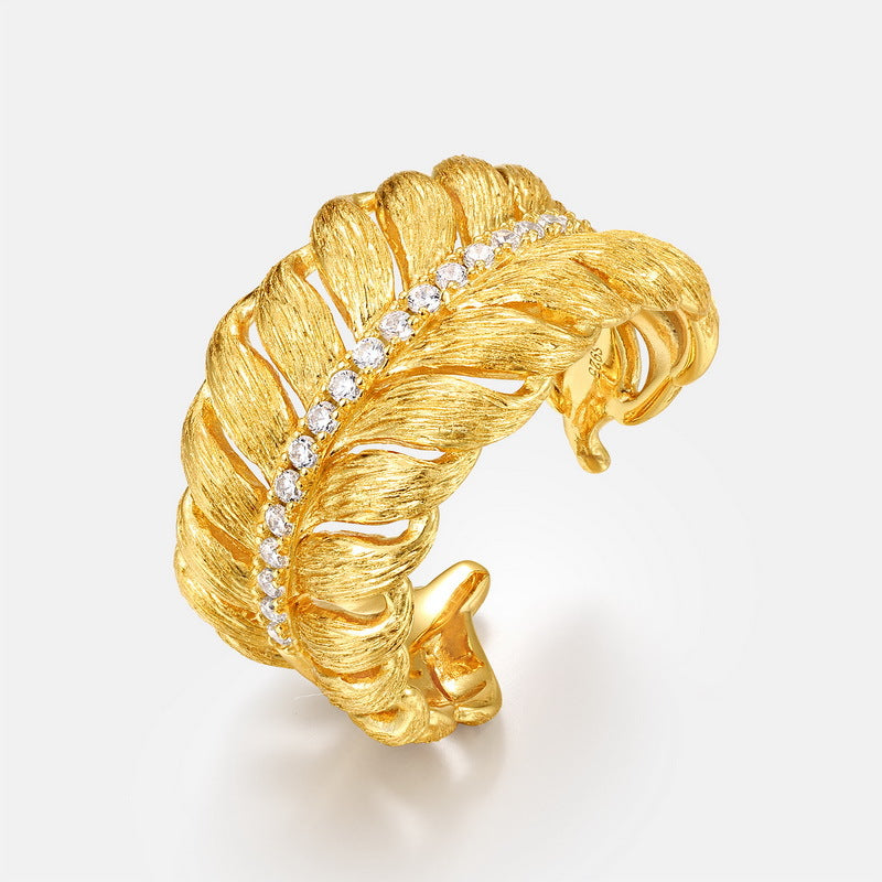S925純銀鍍10K金 手工拉絲羽毛鑲仿鑽戒指｜歐美風手工藝術輕奢指環 匠造質感