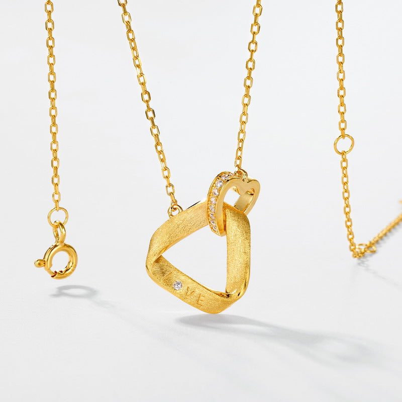 S925純銀鍍10K金 手工拉絲雙環項鍊｜仿鑽 LOVE 鎖骨鏈 浪漫告白首飾