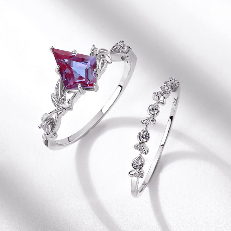 S925 Sterling Silver with Thick Silver and White Gold Plating | Synthetic Alexandrite and Imitation Diamond Flower Vine Ring