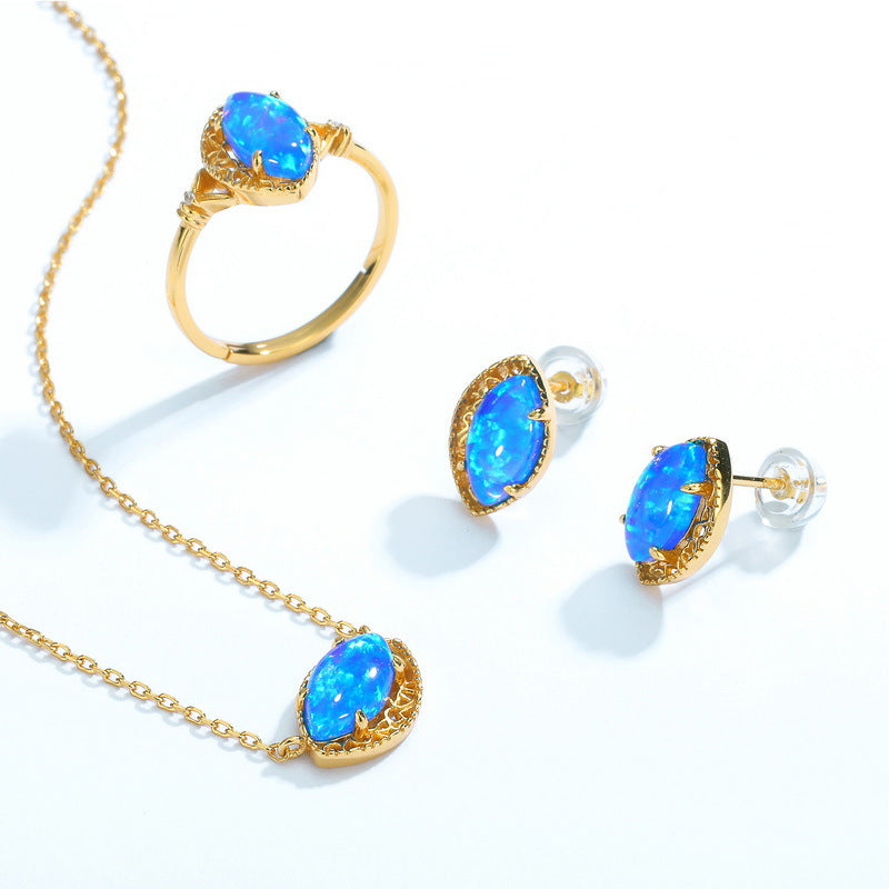 日韓風爆款！S925 純銀鍍 10K 金，合成藍歐泊首飾套裝