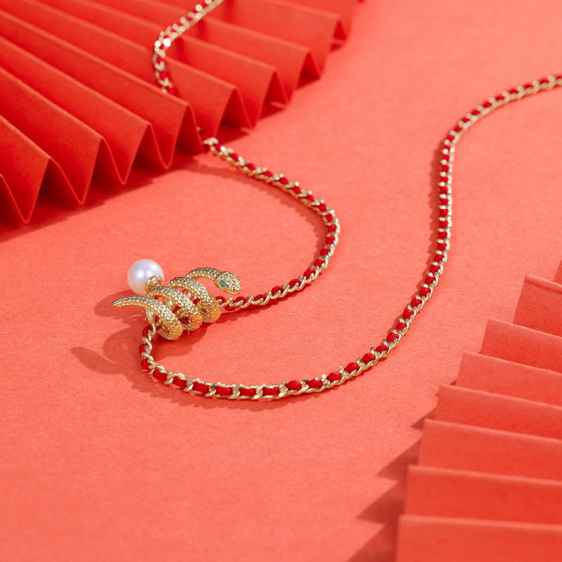 S925 sterling silver with 10K gold plated zodiac snake freshwater pearl light luxury pendant: a sign of good fortune, shining with elegance