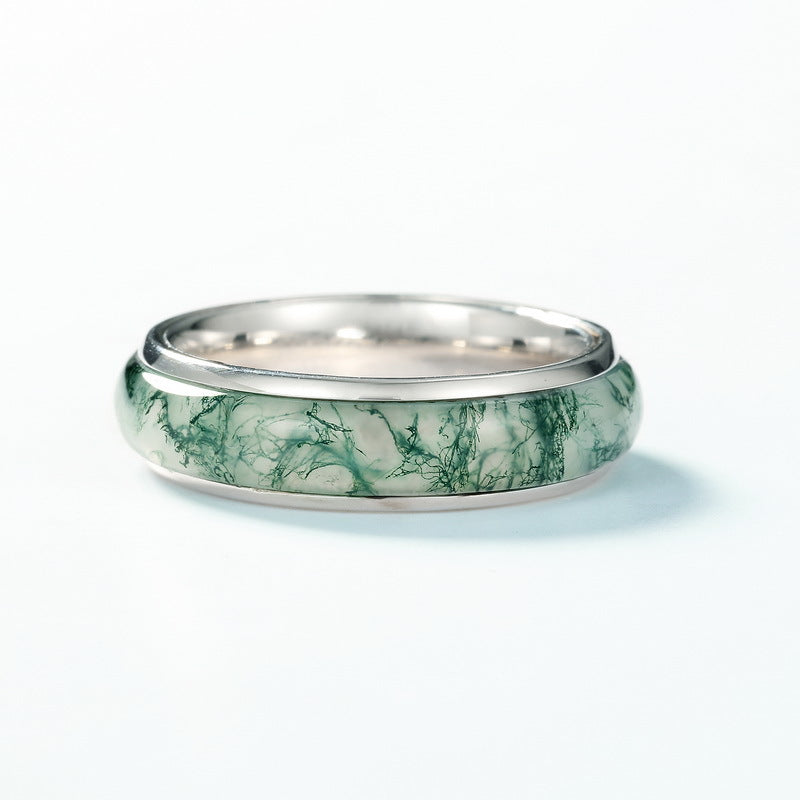 S925 sterling silver plated with thick silver and platinum ring | Natural water grass agate green moss stone forest healing jewelry