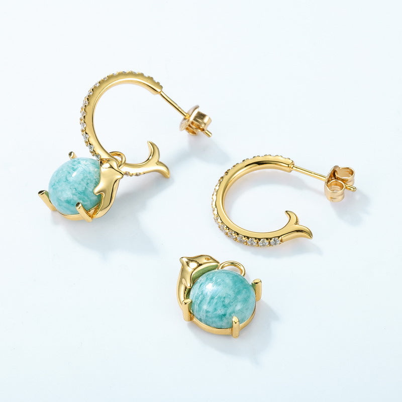 S925 sterling silver with 10K gold plated European and American style earrings | Natural amazonite dolphin DIY earrings