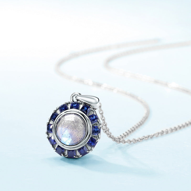 S925 sterling silver necklace with thick silver platinum platinum | Natural labradorite and synthetic blue corundum starry night romantic pendant