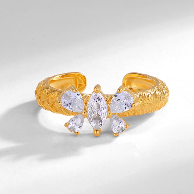 S925 sterling silver with 10K gold plated hand-brushed imitation diamond butterfly ring | European and American romantic light luxury ring with personalized wings design