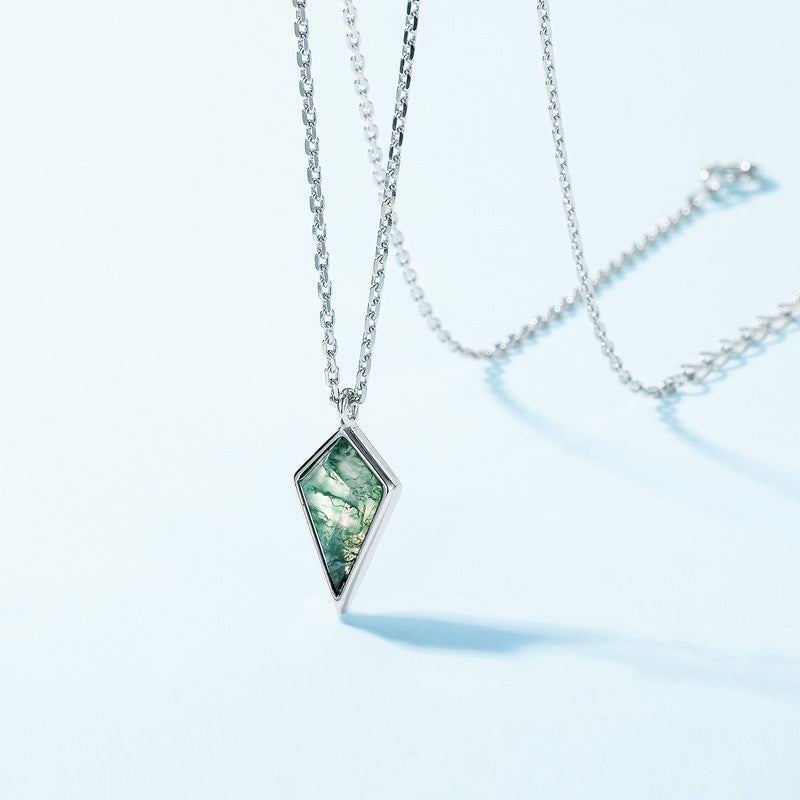S925 純銀鍍厚銀白金項鍊｜水草瑪瑙綠苔蘚 歐美風幾何魅力必備