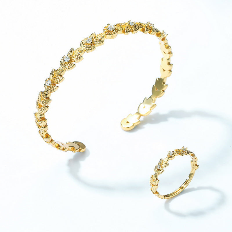 S925 sterling silver with 10K gold plated jewelry set | Fresh and fashionable Japanese and Korean style leaf imitation diamond bracelet and ring