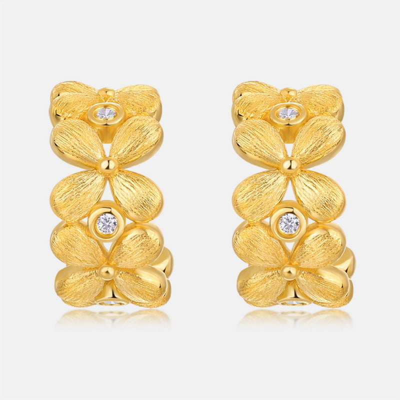 S925純銀鍍10K金 手工拉絲四葉花鑲仿鑽耳環丨輕奢時尚 百搭個性耳飾
