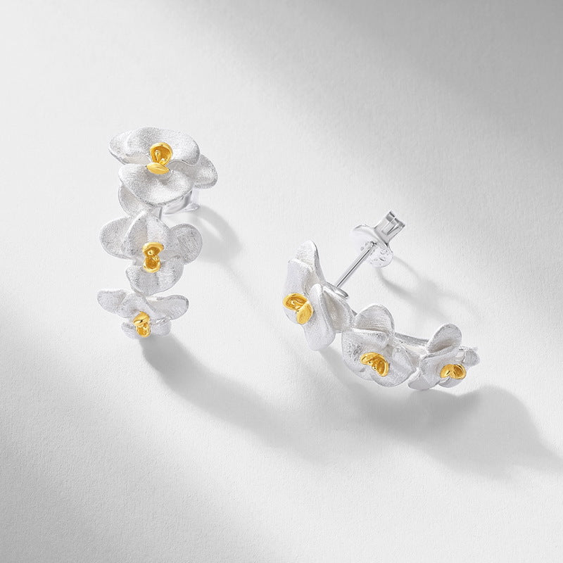 Hand-brushed flower earrings | S925 sterling silver with bright silver plating + 10K Jinsen fairy-style earrings