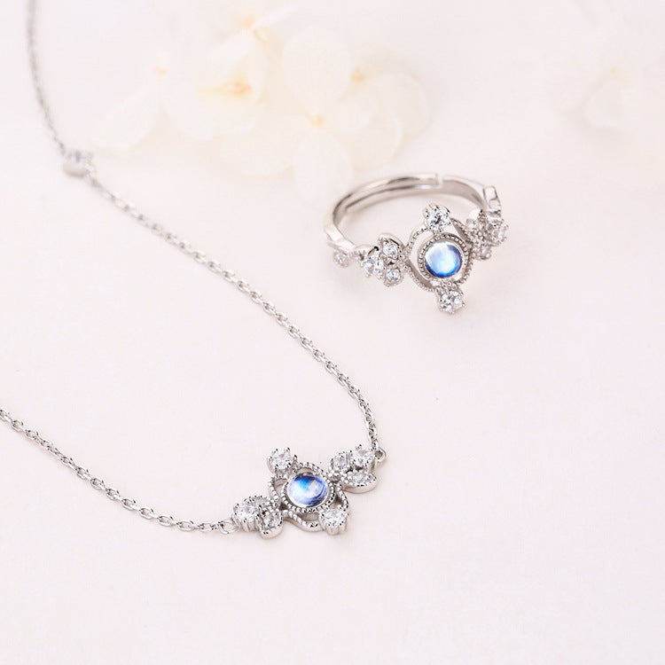 S925 純銀鍍金、白金 、玫瑰金飾品｜天然藍月光石、粉水晶 仿鑽點綴 奢華首飾套組