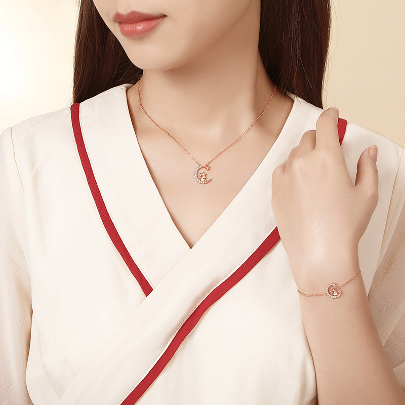 S925 sterling silver rose gold plated star and moon zodiac imitation diamond bracelet | Exclusive peace amulet for your birth year
