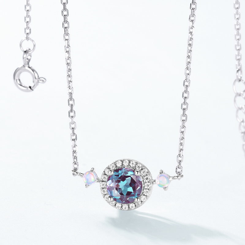 European and American style S925 sterling silver plated with platinum and inlaid with cultured alexandrite light luxury set
