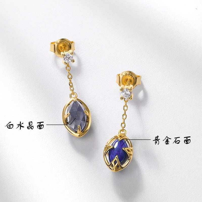 S925 sterling silver plated with 10K gold Japanese and Korean style light luxury lapis lazuli and white crystal reverseable jewelry set