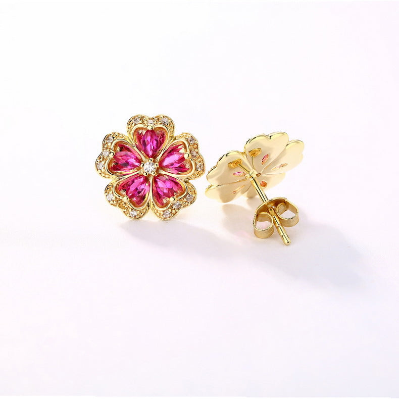 日韓潮流 S925 純銀鍍 10K 金飾品｜五葉草造型合成紅剛玉配仿鑽耳環