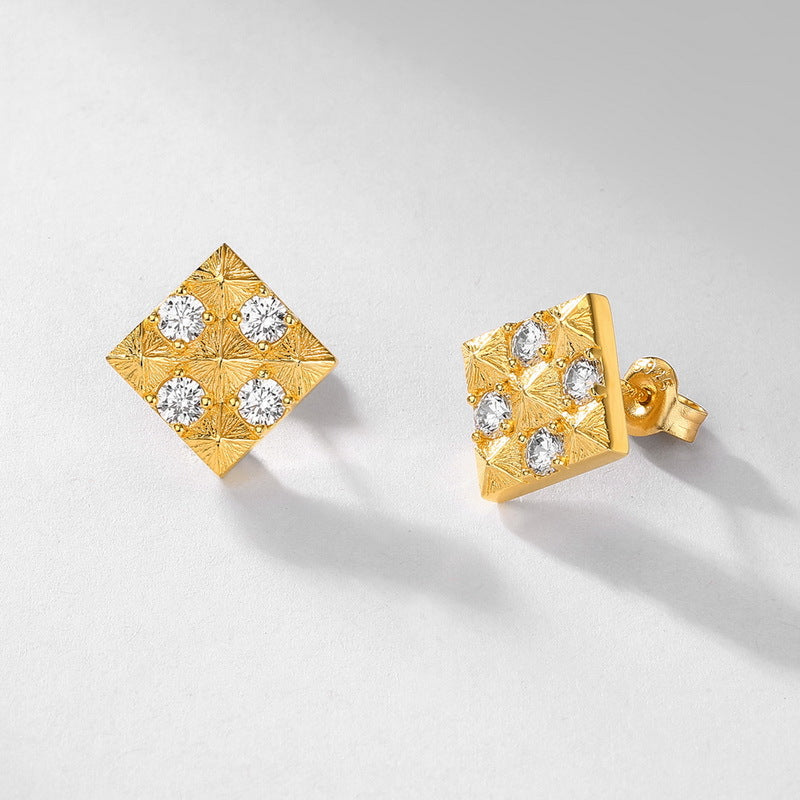 S925純銀鍍10K金 手工拉絲方鑽仿鑽耳釘｜歐美復古宮廷輕奢耳飾 貴族格紋設計