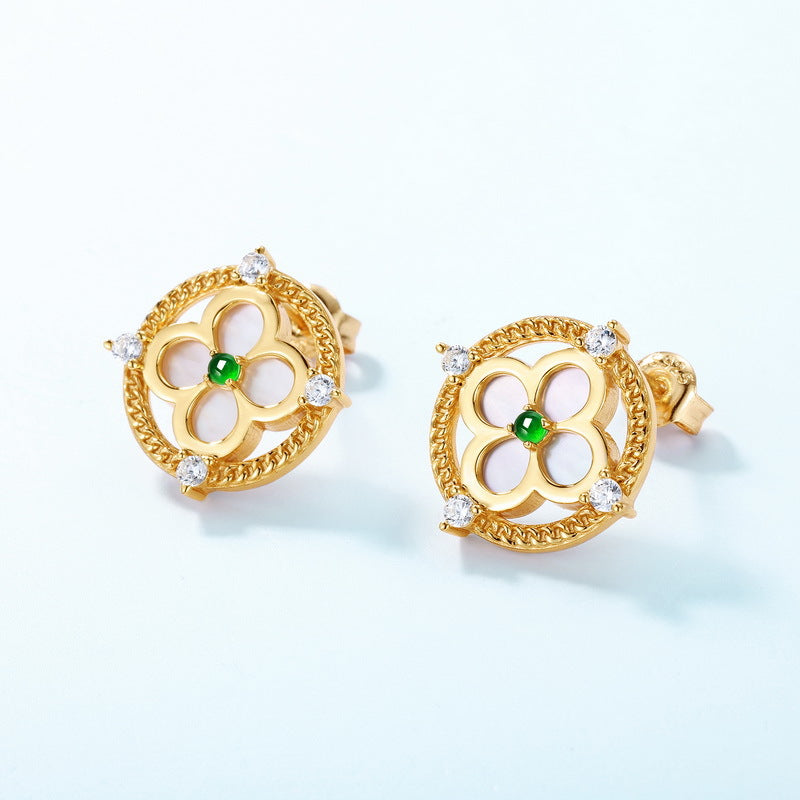 Jadeite White Shell Four-Leaf Clover Jewelry Set | S925 Sterling Silver with 10K Gold-Plated Simulated Diamonds, Lucky Sweet Necklace, Earrings, and Ring