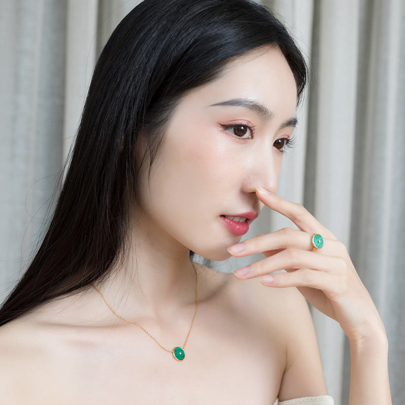 S925 純銀鍍 10K 金首飾套裝｜孔雀石仿鑽 日韓清新圓形必備