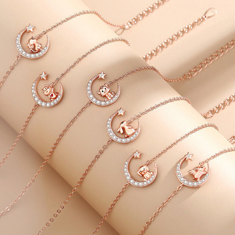 S925 sterling silver rose gold plated star and moon zodiac imitation diamond bracelet | Exclusive peace amulet for your birth year