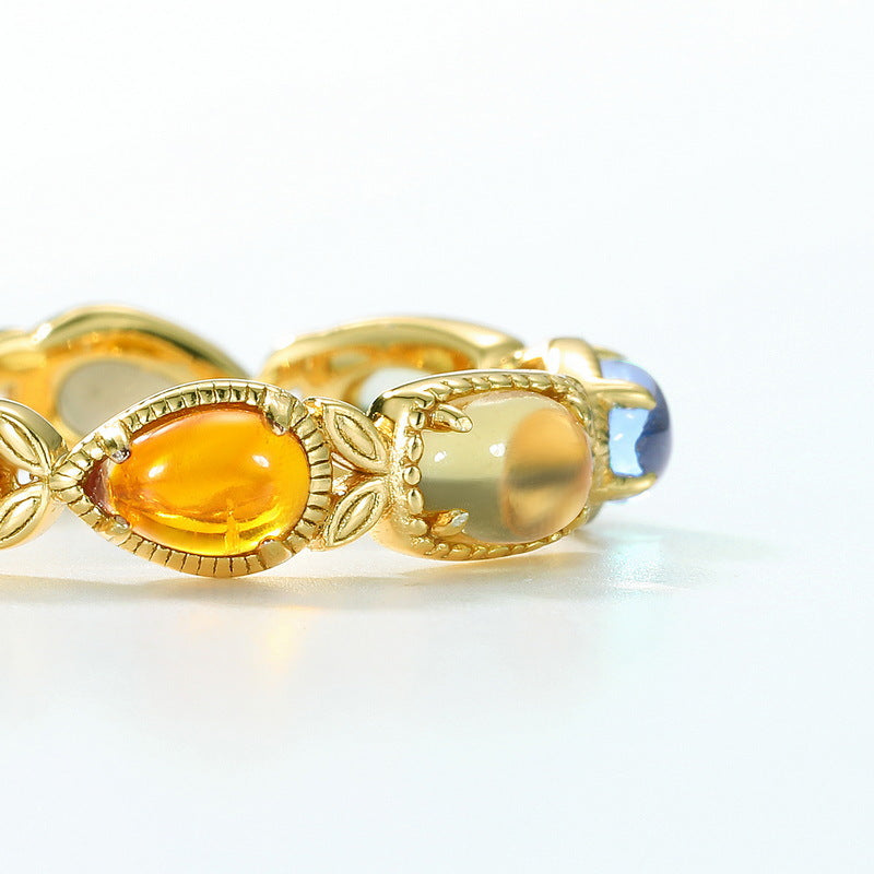 S925 sterling silver plated with 10K gold Japanese and Korean style synthetic colored gemstone ring smoky quartz amber lemon quartz