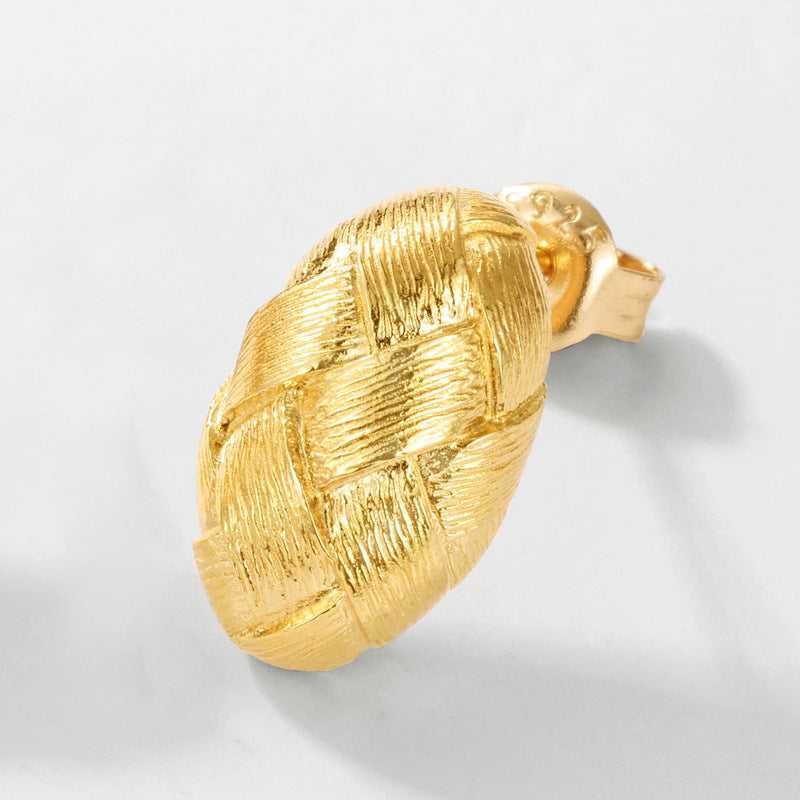 S925純銀鍍10K金 手工拉絲編織紋耳釘｜歐美輕奢質感耳飾 復古百搭首飾