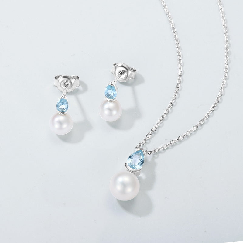 S925 sterling silver with thick platinum platinum jewelry set | Natural aquamarine and freshwater pearls, fresh and elegant necklace and earrings