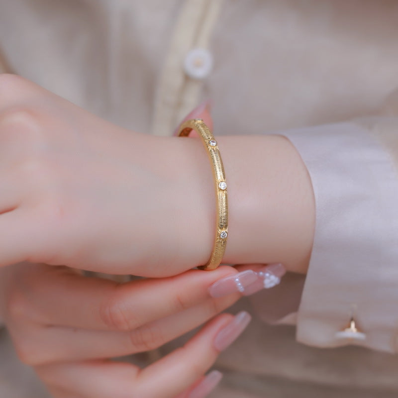 S925 sterling silver with 10K gold plated hand-brushed imitation diamond bracelet | Light luxury commuter open bracelet workplace fashion jewelry 