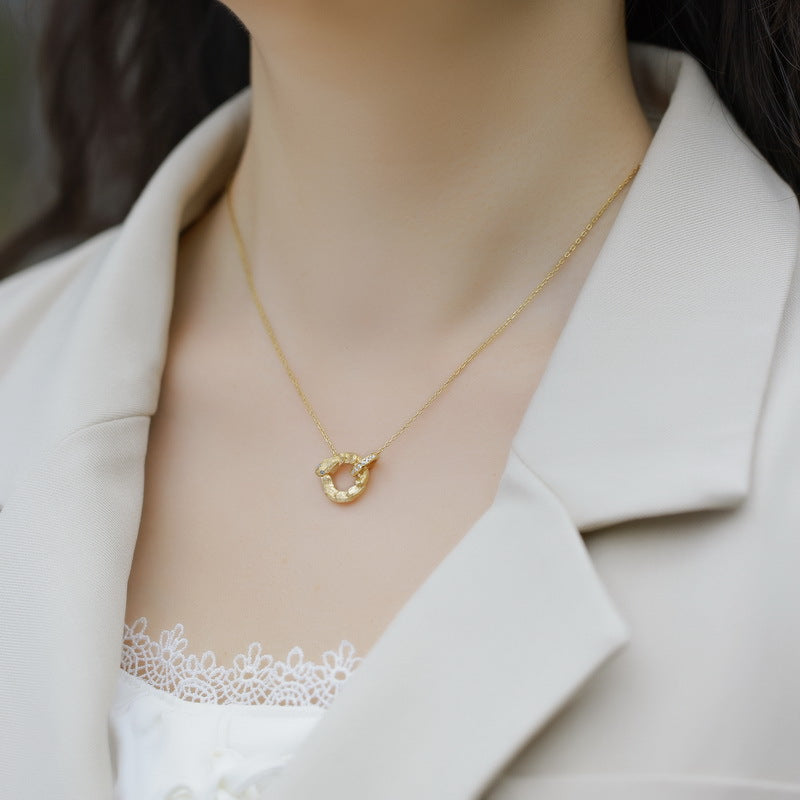 S925 sterling silver with 10K gold plated hand-brushed Chinese Zodiac Snake imitation diamond necklace | Retro light luxury clavicle necklace high-end stacking jewelry