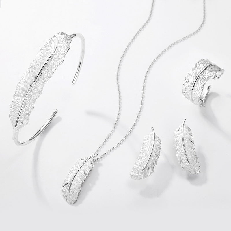 S925 sterling silver plated bright silver feather set | Hand-brushed light luxury retro jewelry four-piece set