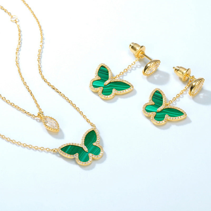 S925 sterling silver with 10K gold plating, Japanese and Korean-style jewelry | Natural malachite and simulated diamond butterfly set, a fresh and sweet choice