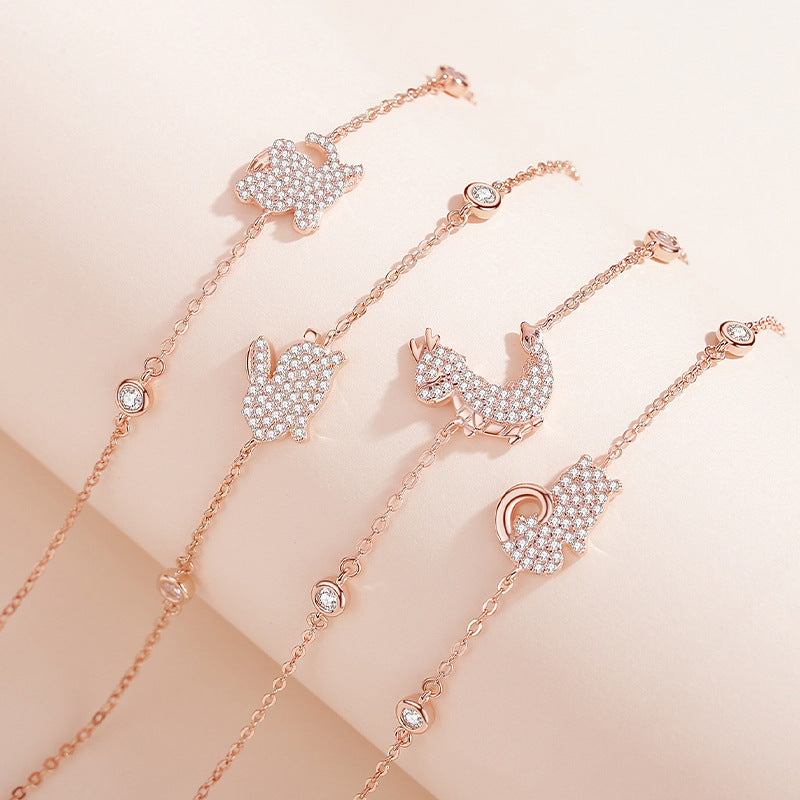 S925 sterling silver with rose gold imitation diamond Chinese Zodiac bracelet | Shining national trend lucky charm for your birth year