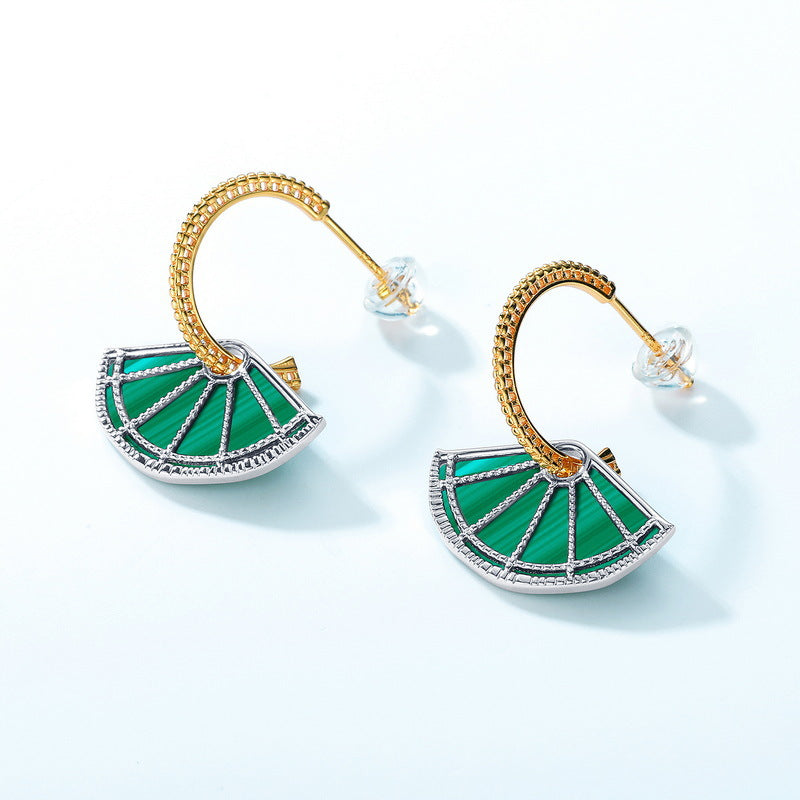 S925 sterling silver with 10K gold plated earrings | Natural malachite fan-shaped design retro and fashionable earrings